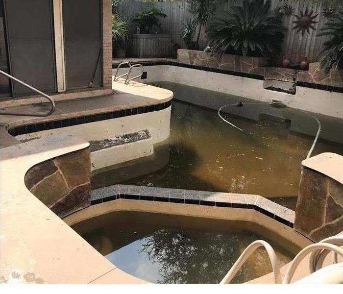 The first image shows a homeowners pool after a hurricane hit.