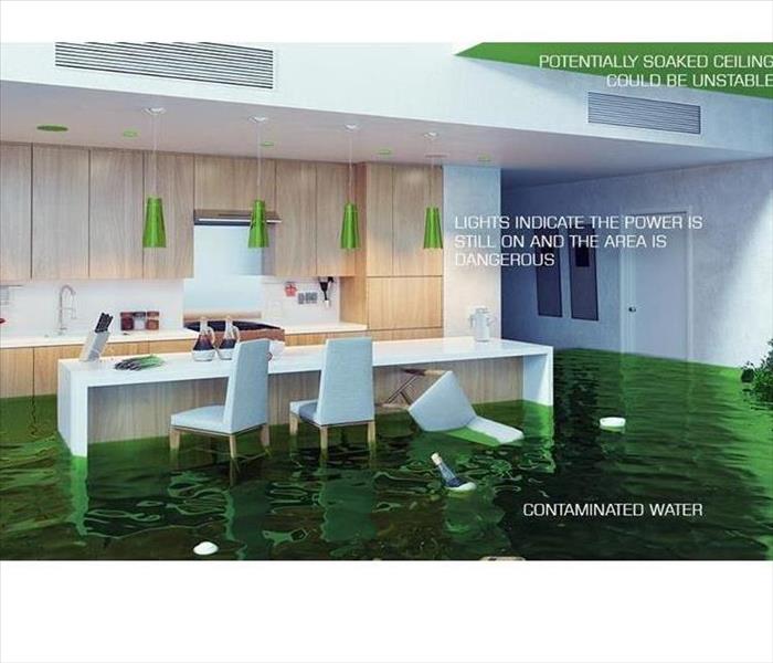 This image shows a flood in the kitchen of a home