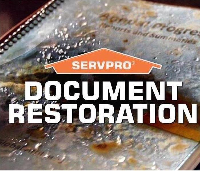 Image shows SERVPRO logo with damaged documents. 